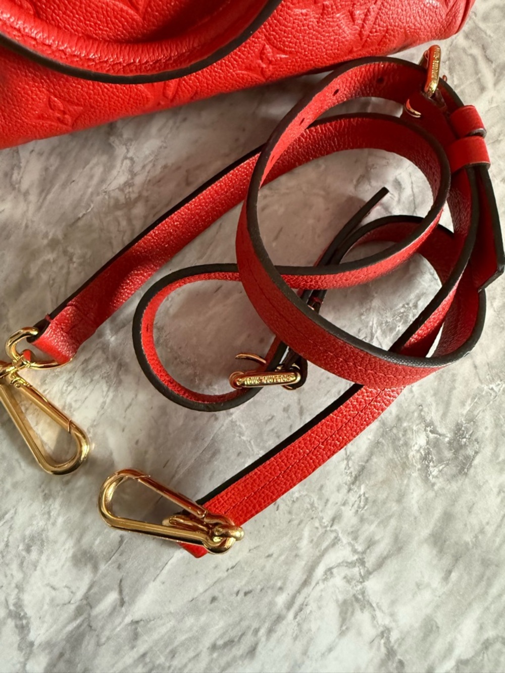 Louis Vuitton Red Monogram Embossed Satchel with Gold Hardware - Picture 11 of 12